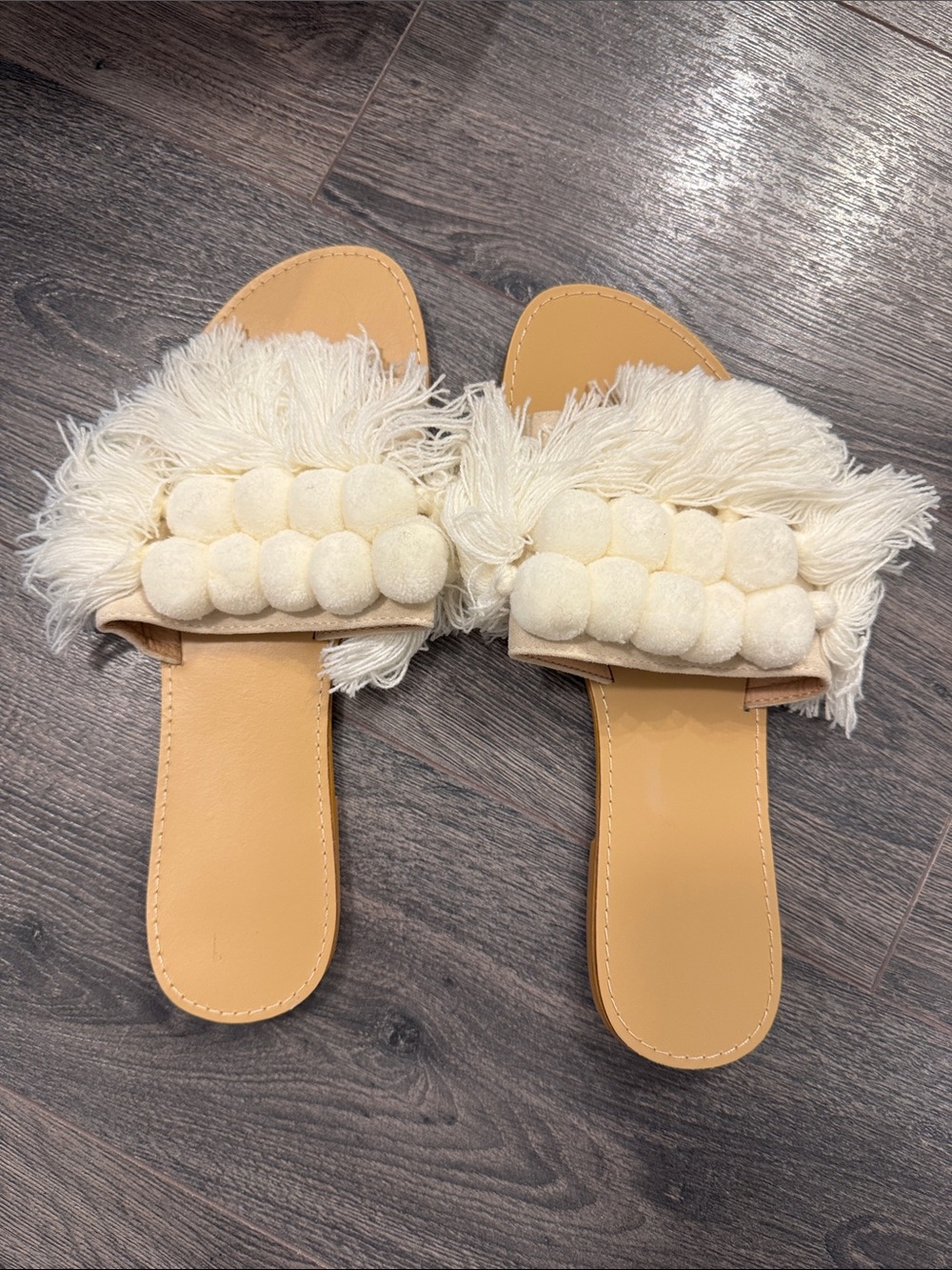 Women's Cream Fringe Pom Slide Sandals